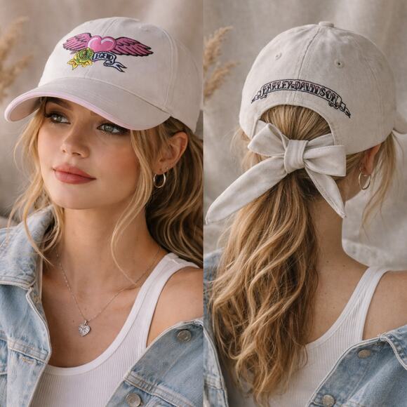 Harley Davidson Heart Wings Hat AdjustableTie Back Ponytail Cap Biker Babe main image 10